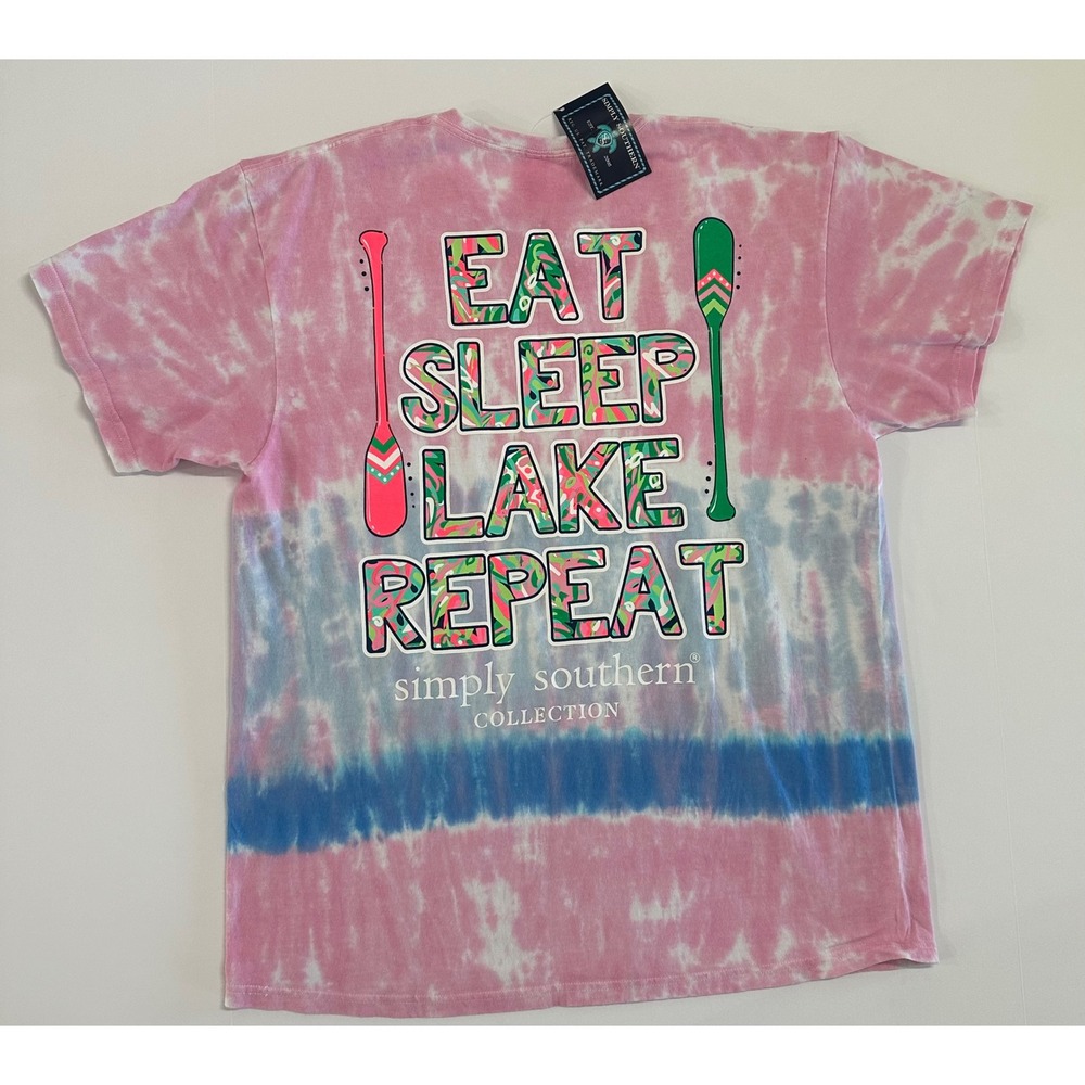 Simply Southern Eat Sleep Lake Repeat Tie Dye T-Shirt Pink Blue Large NEW